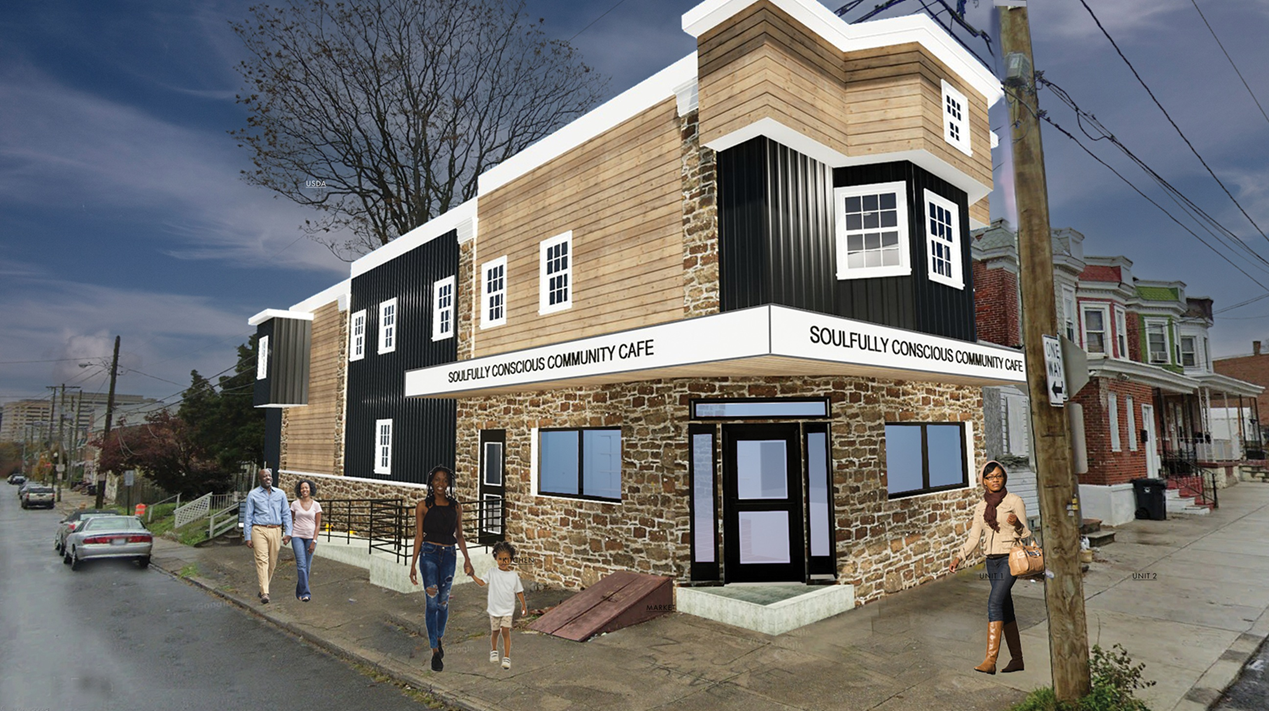 Exterior rendering of Soulfully Conscious Community Cafe — two-story mixed-use corner building with ground-floor cafe and large storefront glazing in Wilmington